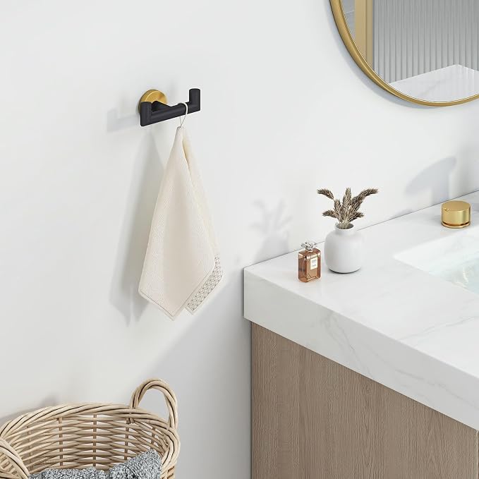 Angle Simple Double Towel Hook, Stainless Steel Hand Towel Holder for Bathroom, Coat Hook for Wall, Black and Gold