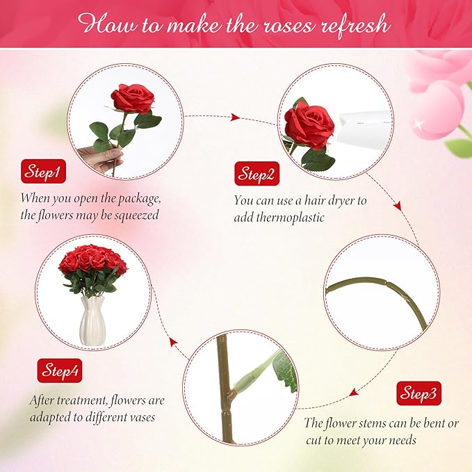 Lyrow 200 Pcs Artificial Roses Realistic Flowers Bulk Real Looking Fake Silk Rose Bouquets with Long Stem Flowers for Wedding Table Centerpieces Bridal Shower Party Home Garden Decor (Red)