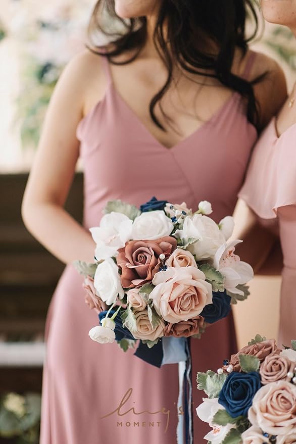 Ling's moment Artificial Flowers Dusty Rose & Blue Bridesmaid Bouquet, Wedding Flowers Bouquets for Bridesmaids, 7 Inch Bridal Bouquets for Bridesmaids, Wedding, Ceremony, Anniversary, etc