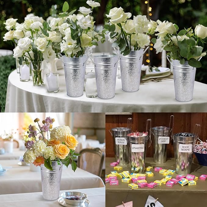 6 Packs 8 Inch Tall Galvanized Metal Flower Vases with Handles, Metal Flower Buckets for Cut Flowers, Country Wedding, Table Centerpiece Decorations(Sliver)