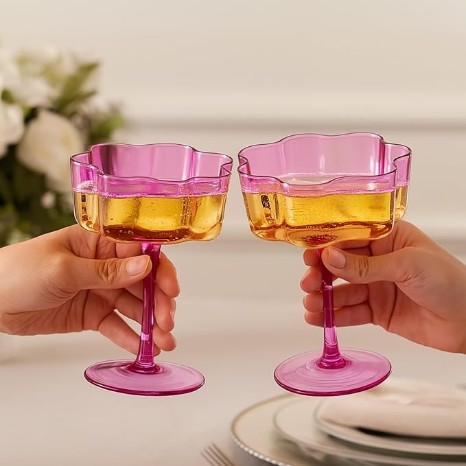 Khen Flower Vintage Wavy Glass Coupes Martini, Champagne & Cocktail Coupes - Set of 2-7oz Colorful Cocktail Glasses & Champagne, Prosecco, Mimosa Glassware Copyright Design - Amethyst Purple