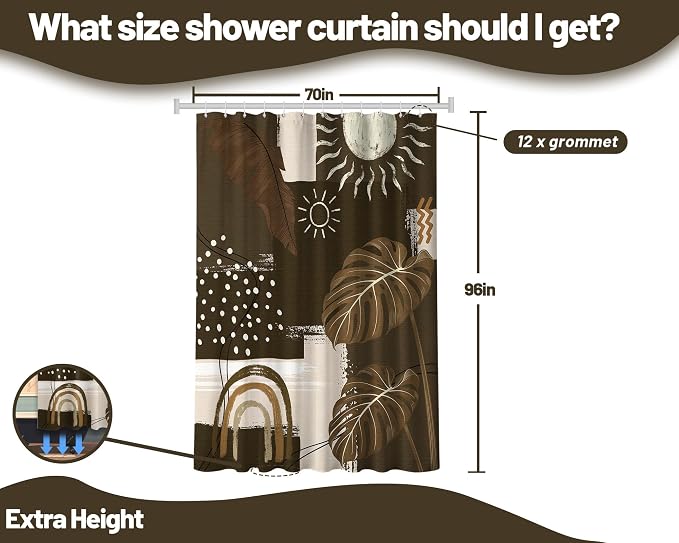 Dark Brown Mid Century Modern Shower Curtain Boho Abstract Khaki Earth Tone Shower Curtains for Bathroom Decor Sets, Waterproof Cloth Fabric with Hooks, 70 x 96 Inch