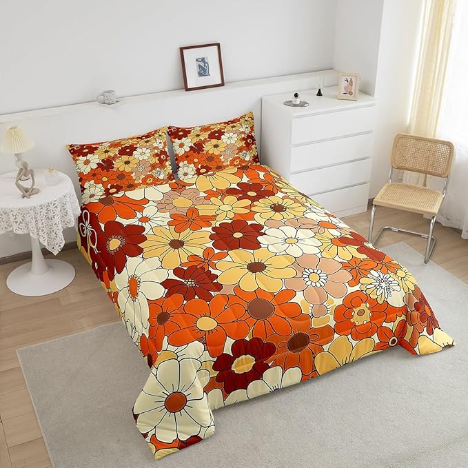 Bohemian Flowers Bedding Set King Size,70s Vintage Floral Comforter Set Room Decor for Couple,Hippie Retro Groovy Botanical Microfiber Down Comforter,2 Pillowcases