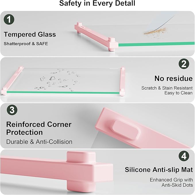 2PCS Glass Cutting Board with Silicone Grip, 80% Stronger Shatter Resistance and Slip Resistance,No Scratches/Microplastic-Free,Dishwasher Safe, Non Toxic Chopping Board for Kitchen (Pink)