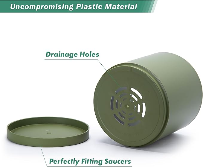 D'vine Dev 10 Inch Plastic Planter Pots for Plant Pot with Drainage Hole and Seamless Saucers, Olive, 74-X-I-2
