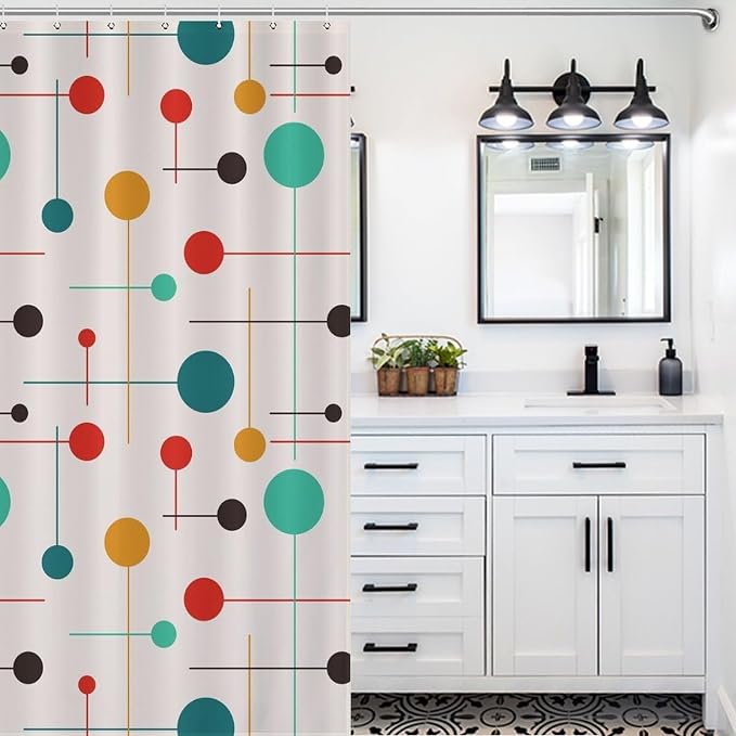 Mid Century Modern Shower Curtain,Atomic Starburst Geometric Diamond Pattern Shower Curtains Set for Bathroom Fabric Decorative Bath Curtain Washable Curtain Hooks, 72x72”