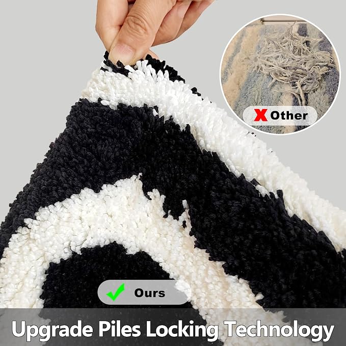 Civkor Black and White Bathroom Rug, Tufted Bath Mat for Bathroom, Small Bathroom Mat with Non Slip TPR Backing, Machine Washable Quick Dry 16x24Inch Bath Mats for Floor, Shower, Sink