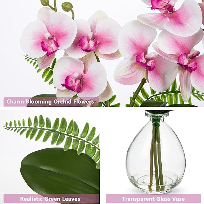 Oairse Pink Orchids Artificial Flowers, Faux Orchid in Glass Vase Real Touch Small Phalaenopsis Orchid Flowers Arrangements with Clear Vase Orchids Centerpiece for Dining Room Table