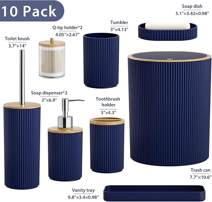 10PC Bathroom Accessories Set - Navy Blue and Wooden Bathroom Sets, Bathroom Accessory Set with Pop Up Trash Can, Toilet Brush, Trash Can, Qtip Holder & Soap Dispenser