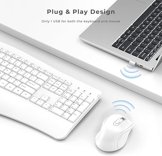 Ergonomic Keyboard and Mouse Combo, Full Size Cordless Computer Keyboard with Palm Wrist Rest Ergonomic Mouse for Windows Computers Laptops - White