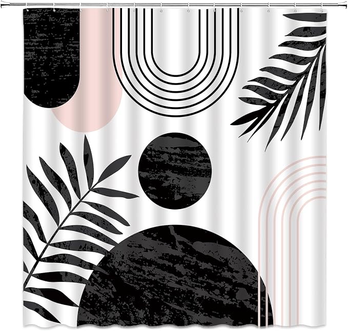 Mid Century Modern Shower Curtain Boho Black Abstract Retro Aesthetic Fabric for Bathroom Decor Bathtub with Hooks (59" WX70 H)