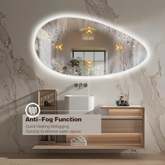 Niccy Irregular LED Bathroom Mirror with Lights, 24"x40" Asymmetrical Backlit-Mirror for Wall Mounted, Bathroom Vanity Mirrors with Memory, Dimmable, 3 Colors, Anti-Fog, IP65 Waterproof