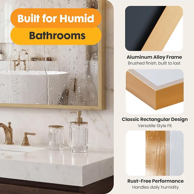 Sweetcrispy Bathroom Mirror for Over Sink, 30" x 48" Rectangle Wall Mount Mirrors with Metal Frame, Modern Vanity Mirror with Tempered Glass, for Home Decor, Anti-Rust, Gold