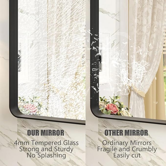 40x36 Inch Black Metal Framed Bathrrom Mirror for Wall, Black Rounded Rectangle Mirror, Matte Black Bathroom Vanity Mirror, Anti-Rust, Tempered Glass, Hangs Horizontally or Vertically