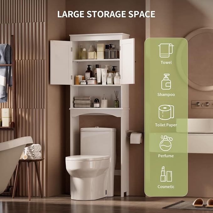 Gizoon Over the Toilet Storage Cabinet with Adjustable Shelf and Double Doors, Bathroom Space Saver Organizer Above Toilet with Open Shelf, Taller Wooden Free Standing Toilet Rack -White