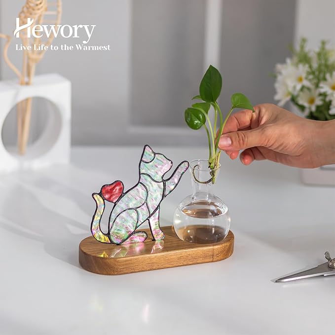 Hewory Handmade Cat Propagation Stations: Iridescent Stained Glass Cat Planter Pot with Wooden Stand for Desktop Decor for Plant Lovers Women
