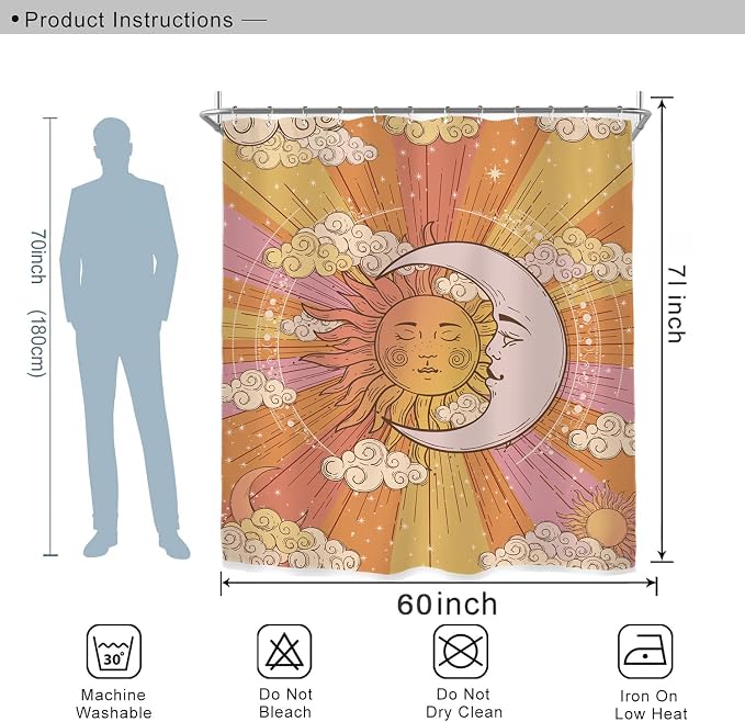 Miyotaa Sun Moon 70s Shower Curtain Set 60Wx71H Inches Celestial Vintage Witchy Abstract Aesthetic Polyester Waterproof Cloth Bathroom Curtain with 12 Hooks