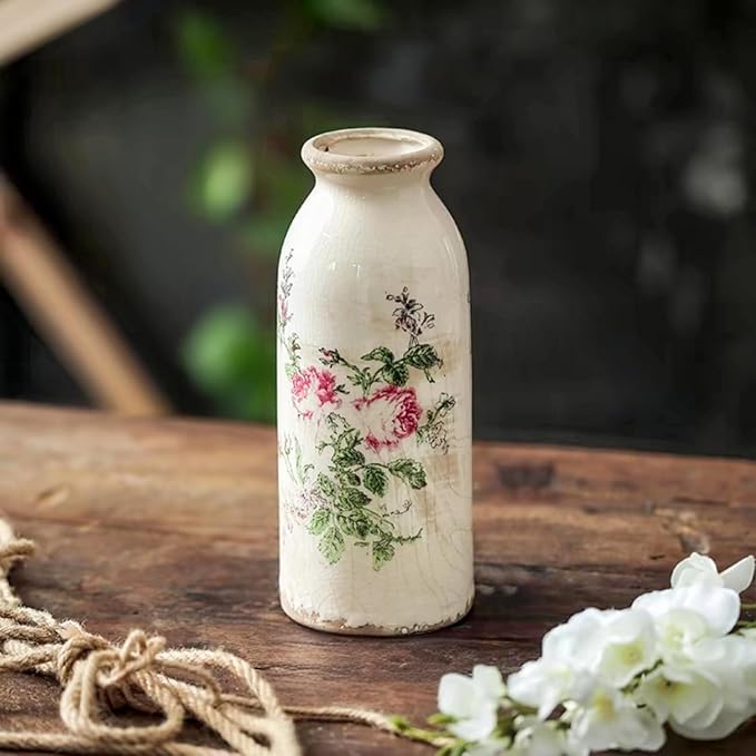 Ceramic Rustic Farmhouse Vase, Distressed Floral Pattern, Holds Water, With Handle, 7.8 inches