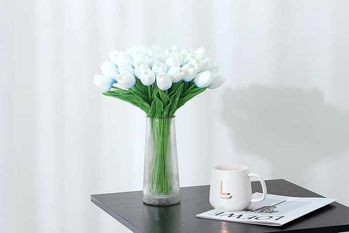 20pcs Blue Tulips Artificial Flowers Fake Silk Tulips Real Touch Flowers for Spring Kitchen Wedding Home Decor Arrangements Easter Decor 14 Inch