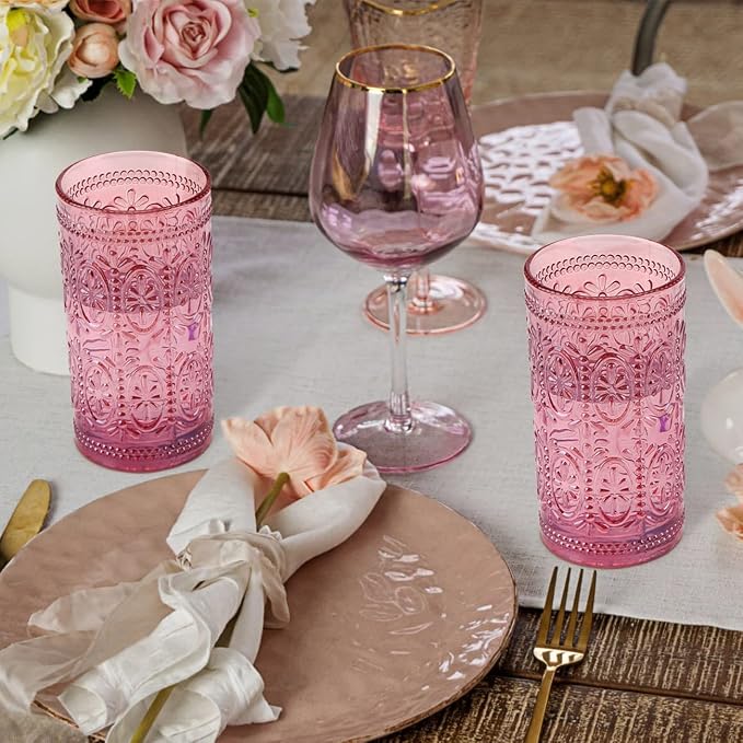 Darlion 6 Pack Pink Glassware Drinking, 12oz Highball Embossed Beverage Glass Cup, Vintage Drinking Glasses, Colored Water Glasses for Party Wedding Home Office and Gift