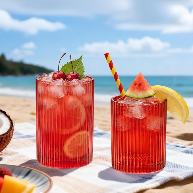 14 oz & 18 oz Ribbed Drinking Glasses Set of 12, Vintage Iced Coffee Cups Elegant Glassware, Highball Glass Cups Ridged Glass Tumbler for Cocktail, Whiskey, Beer, Water, Juice, Origami Style Red