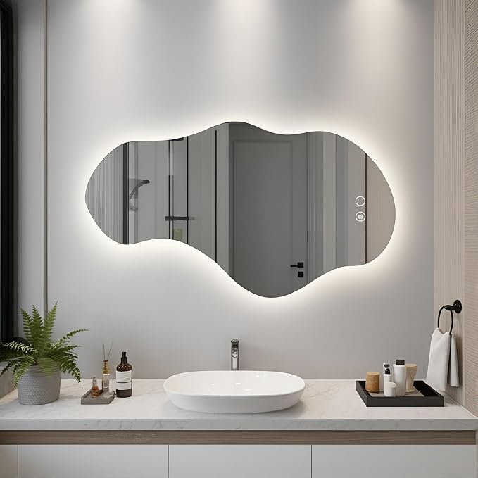 Modern Irregular LED Bathroom Mirror with Lights, Asymmetrical Frameless Smart Lighted Wall Mirror for Living Room Entryway, Large Decorative Makeup Vanity Mirror with Touch Switch(31.5″x55.1″)