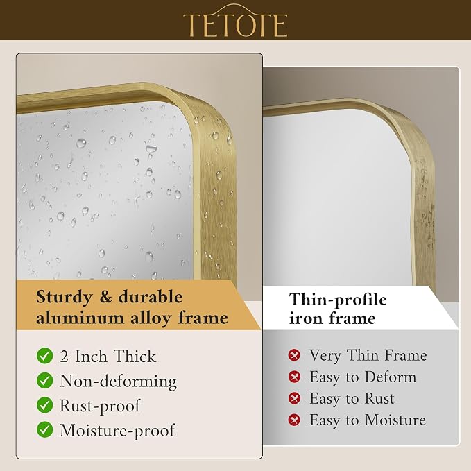 TETOTE 32 x 36 Inch Brushed Gold Frame Mirror, Bathroom Vanity Mirror for Wall, Modern Rectangle Round Corner Matte Framed Mirror (Horizontal/Vertical)