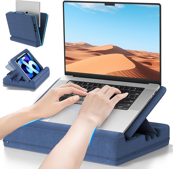 Laptop & Tablet Desk for Lap with Cushion, Computer Lap Desk Laptop Pillow for Couch, Bed, Car, Adjustable Computer Pillow Stand As Carrying Case for up to 15'' PC/Mac, Tablet, iPad, Kindle, Blue