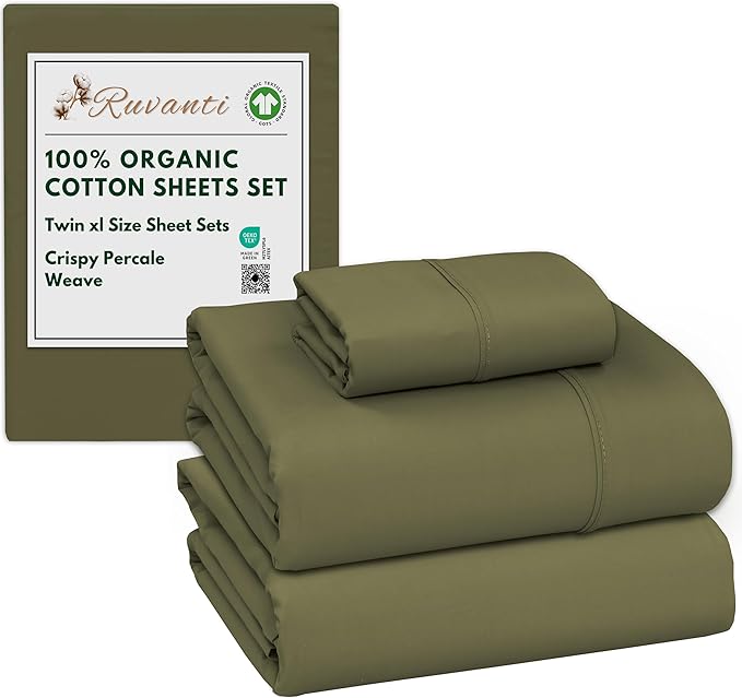 RUVANTI 100% Organic Cotton Sheets Twin XL, Percale Weave, GOTS Certified, 3-Piece Set, Deep Pocket 15", Crisp & Breathable, Soft Durable Bedding, Sábanas Algodón Orgánico – Olive