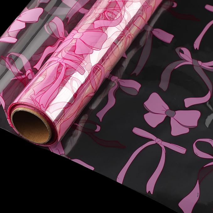 Motroce Clear Cellophane Wrap Roll, 100 Ft x 16 In Pink Bow Florist Paper Wrapper, Transparent 3Mil Thicker Cellophane Roll, Gift Baskets Wrap Cellophane Film for Gifts, Flowers, Christmas Wrapping