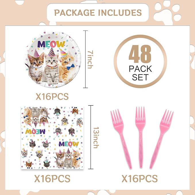 48Pcs Cute Cat Birthday Party Decorations Tableware Inculde Plates Napkins Forks for Birthday Pet Party and more party Serve 16 Guests