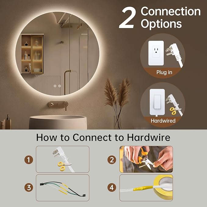 LOVESPEJO 24 Inch Round Backlit Bathroom Mirror with Lights, Circle LED Mirror for Bathroom, Fogless, Stepless Dimmable, 3 Color Changing, Memory, IP54, Shatterproof