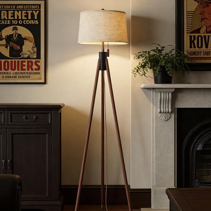 Mid Century Modern Tripod Floor Lamp, Gold Accented Two-Tone Solid Wood Floor Lamp with Black-Finished Solid Wood Center, Linen Shade & Pull Chain, Tall Lamp for Living Room Bedroom Reading Corner