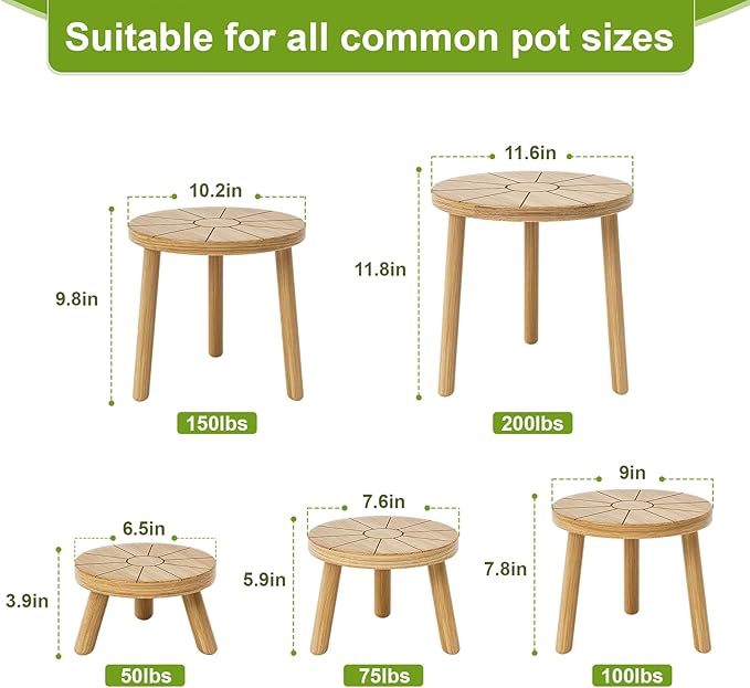 Delma Wood Plant Stands Indoor, 5-Pack Single Plant Stand for 6-12 Inch Pots, Mid-Century Modern Plant Stool, Tall Plant Stand for Large Plants for Living Room, Balcony, Office (Light Brown, 5-Pack)