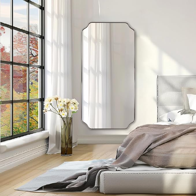 ANDY STAR 30"x60" Large Bathroom Mirror, Brushed Nickel Rectangle Scalloped Mirror, Modern Full Length Wall Mirror with Rust-Proof Stainless Steel Frame, Hangs Vertically or Horizontally