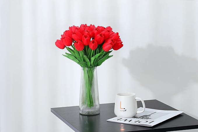 20pcs Red Tulips Artificial Flowers Fake Silk Tulips Real Touch Flowers for Spring Kitchen Wedding Home Decor Arrangements Easter Decor 14 Inch