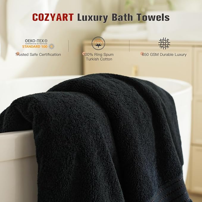 COZYART Black Bathroom Towel Sets 6Pcs 650 GSM 100% Cotton Bath Towel Set for Bathroom Super Absorbent Durable Luxury Set with 2 Bath Towels, 2 Hand Towels, 2 Washclothes