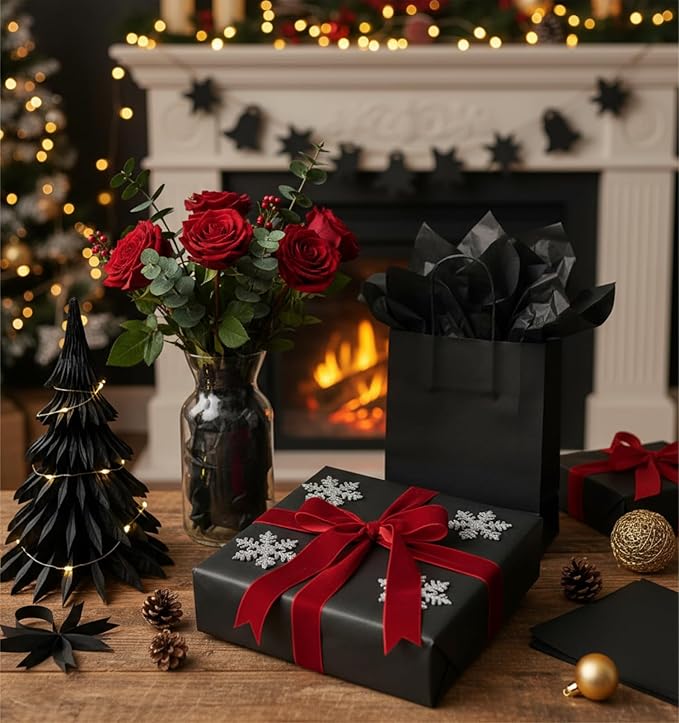 Qilery 500 Sheets Christmas Black Tissue Paper Bulk for Gift Bags 15 x 20 Inch Acid Free Packaging Wrapping Paper Sheets for Gothic Christmas Decor DIY Crafts, Birthday Party, Shipping Packing