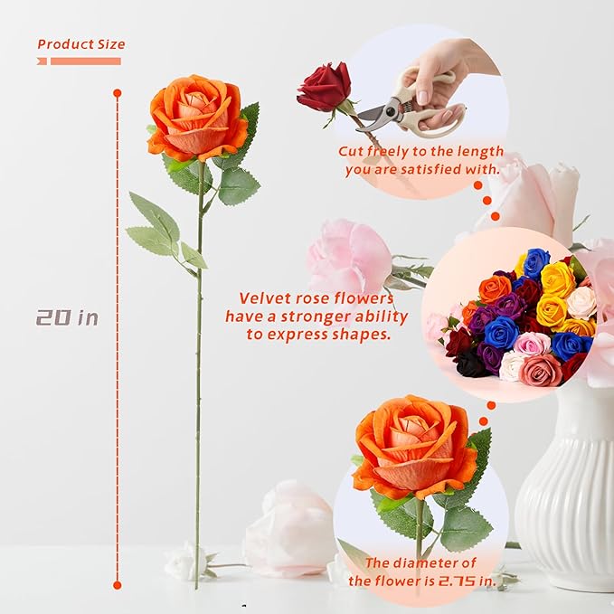 12 Pcs Artificial Rose Flowers, Silk Roses with Long Stems, Realistic Fake Roses for Wedding Centerpiece Party Home and Office DIY Decor, Orange