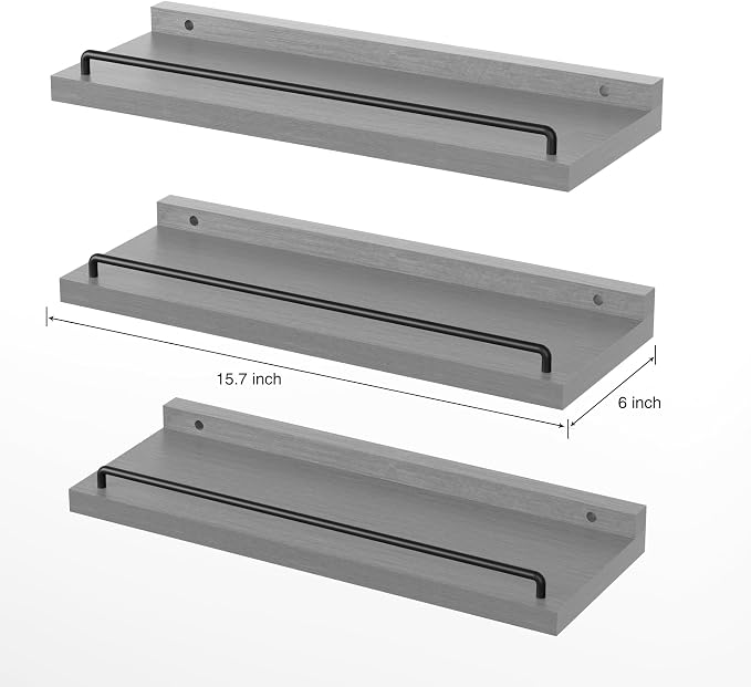 RYOFOBETTO Floating Shelves for Wall Decor, Grey Shelves for Bathroom, Living Room, Bedroom, Picture Frames, Plants, Kitchen (Set of 3)