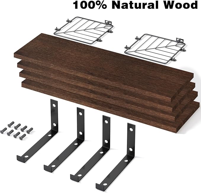 Fixwal Bathroom Floating Shelves Over Toilet, 15.8in Farmhouse Rustic Wood Shelves, Wall Decor for Bathroom, Living Room, Bedroom and Kitchen (3 Plus 1 Tier Dark Brown)