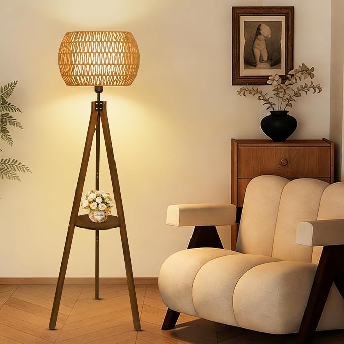 LAMSU Boho Tripod Floor Lamps for Living Room, Wood Floor Lamp with Shelf, Mid Century Modern Standing Lamp with Rattan Shades, Foot Switch, Rustic Farmhouse Tall Lamps for Bedroom Office, Brown