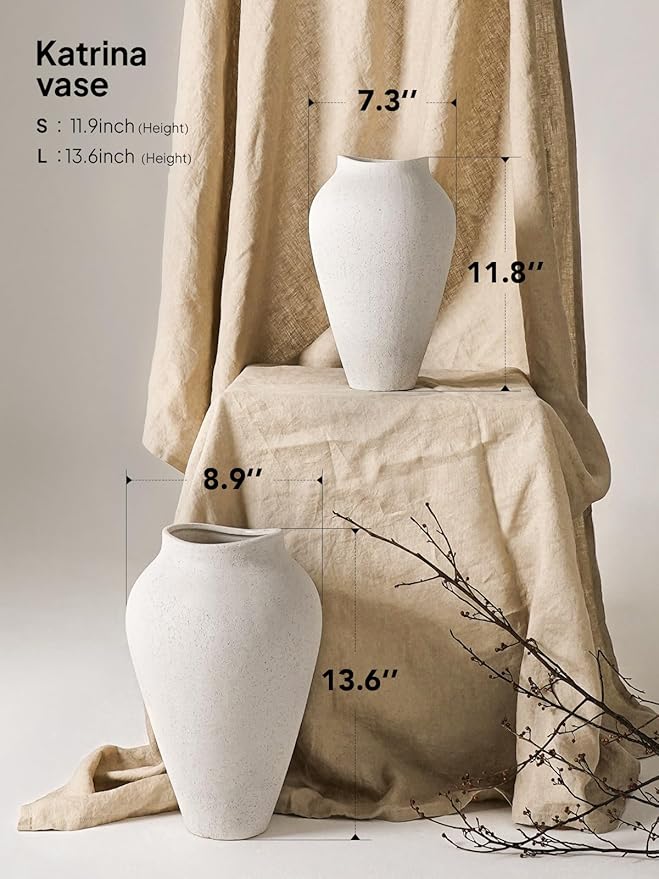 9.8 Inch + 13.6 Inch Ceramic Vase for Centerpieces, Farmhouse Rustic Minimalist Home Decor for Living Room, Enterway, Wedding (Sandstone White)