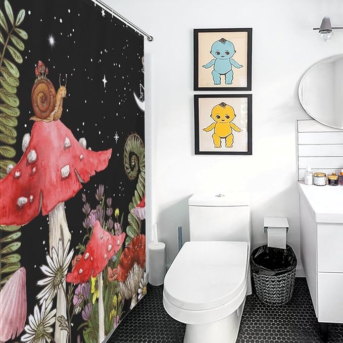 Mushroom Shower Curtain, Wild Floral Botanical Mushroom Moon Gothic Cottagecore Nature Plants Herbs Black Vintage Rustic Waterproof Fabric Bathroom Shower Curtain Set with Hooks, 72"x84" Inch