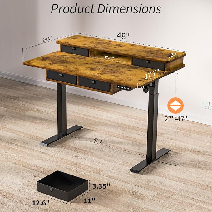 Kingant Standing Desk with Fast Charging USB Ports, 48" x 30" Height Adjustable Home Office & Gaming Desk, Sit Stand Desk with Built-in Storage Shelf, Hook & Ergonomic Design(Rustic Brown)