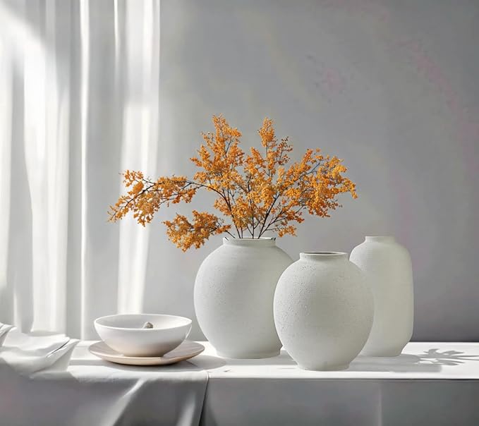 White & Tall Ceramic Flower Vase, 10.8 Inch Textured Vase, Rustic Farmhouse Decorative Floral Pottery for Home Decor Table Living Room Entryway Mantel Bedroom Bathroom Kitchen