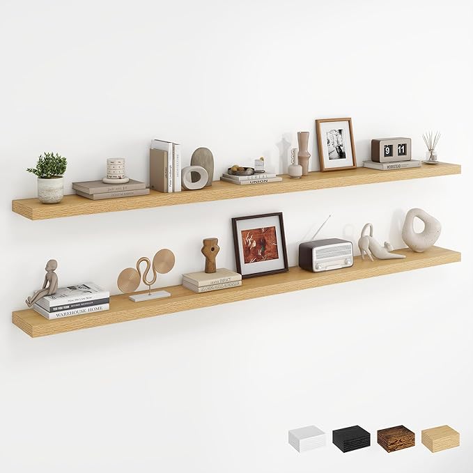 Dreamland 72Inch Floating Shelves for Wall, Rustic Wooden Storage Shelf for Living Room, Kitchen, Farmhouse, Wall Mounted Display Shelving with Invisible Heavy-Duty Metal Bracket, Set of 2 - Oak
