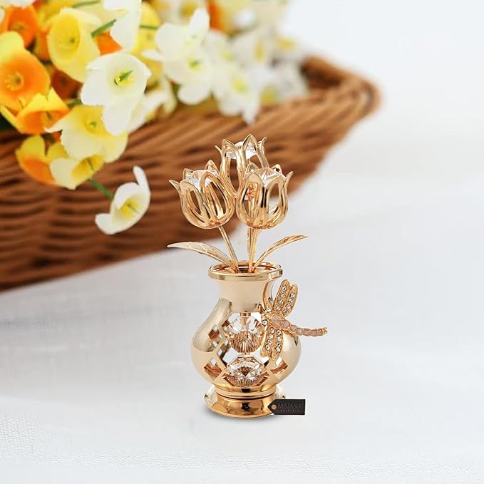 Matashi 24K Gold Plated Crystal Flower Vase with Dragonfly Figurine – Beautiful Home Décor – Ideal Christmas, Valentine’s for Women, Mom, or Friends