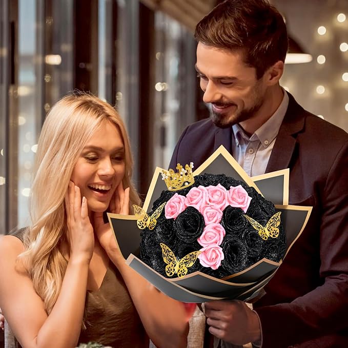 Waipfaru 36+20 Glitter Roses Bouquet, DIY Fake Flowers Bouquet, Craft The Initials of Your Loves' Name with Artificial Rose Bouquet for Valentines, Anniversary, Wedding, Black & Pink