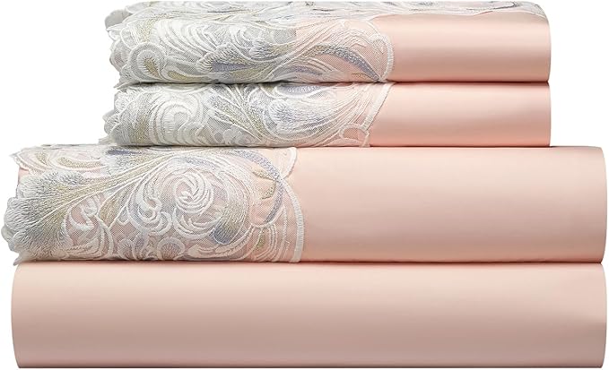 mixinni Luxury Satin Duvet Cover Set with Embroidery Lace, Silky Soft Bedding Set (1 Duvet Cover + 2 Pillowcases), Blush Pink - Elegant Bedroom Comforter Cover, Vintage Royal Style-Twin XL Size
